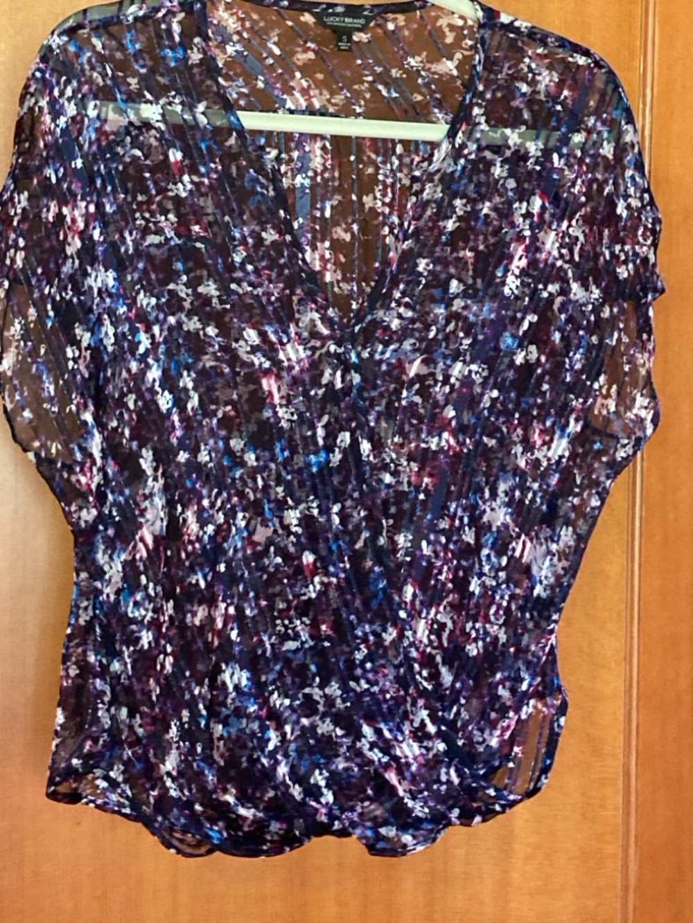 Lucky Brand Multicolor V-Neck Metallic Shimmer Sheer Blouse Size S
